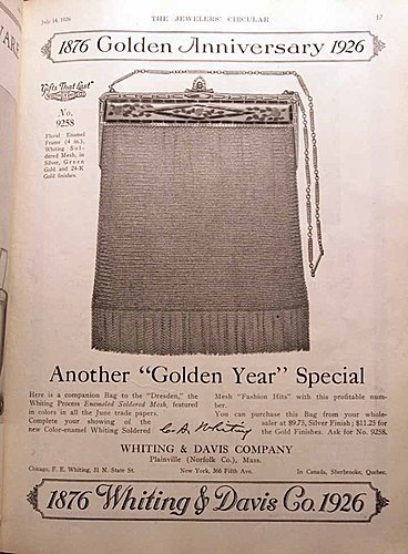 Whiting &amp; Davis Golden Anniversary Advertisement in Jeweler&apos;s Circular July 14, 1926 